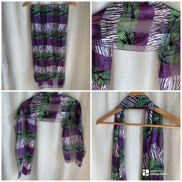 Nordstrom Sheer Scarf Purple Green Zebra Bold Abstract Print Pattern Fun Scarves - Picture 1 of 14